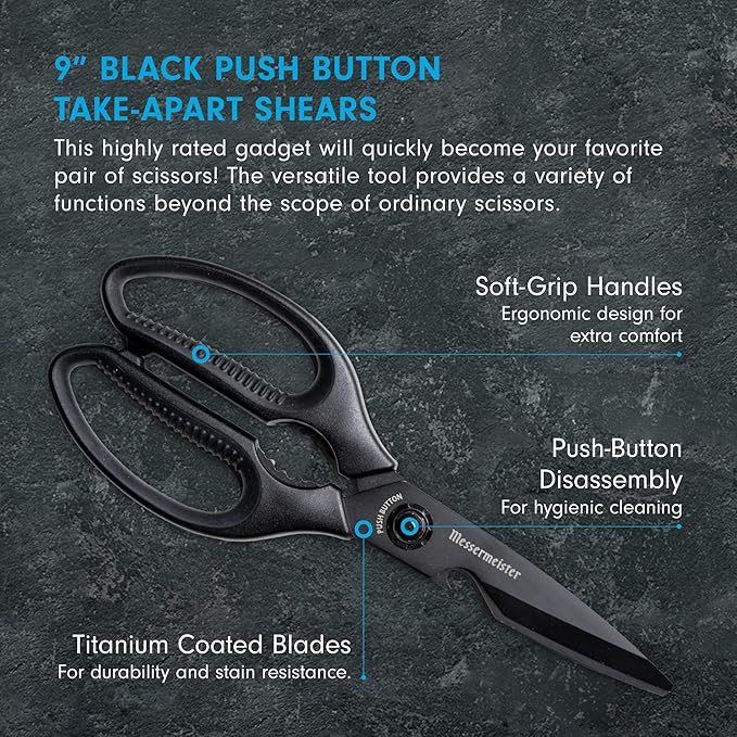 Messermeister 9-Inch Push Button Take-Apart Shears - High-Carbon Stainless Steel & Soft-Grip Handles - Includes Nut Cracker & Bottle Opener - Image 2