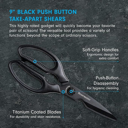 Messermeister 9-Inch Push Button Take-Apart Shears - High-Carbon Stainless Steel & Soft-Grip Handles - Includes Nut Cracker & Bottle Opener - Image 2