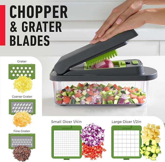 Mueller Pro-Series 10-in-1, 8 Blade Vegetable Chopper, Onion Mincer, Cutter, Dicer, Egg Slicer with Container, French Fry Cutter Potato Slicer, Home Essentials, Salad Chopper,Gray/Green - Image 5