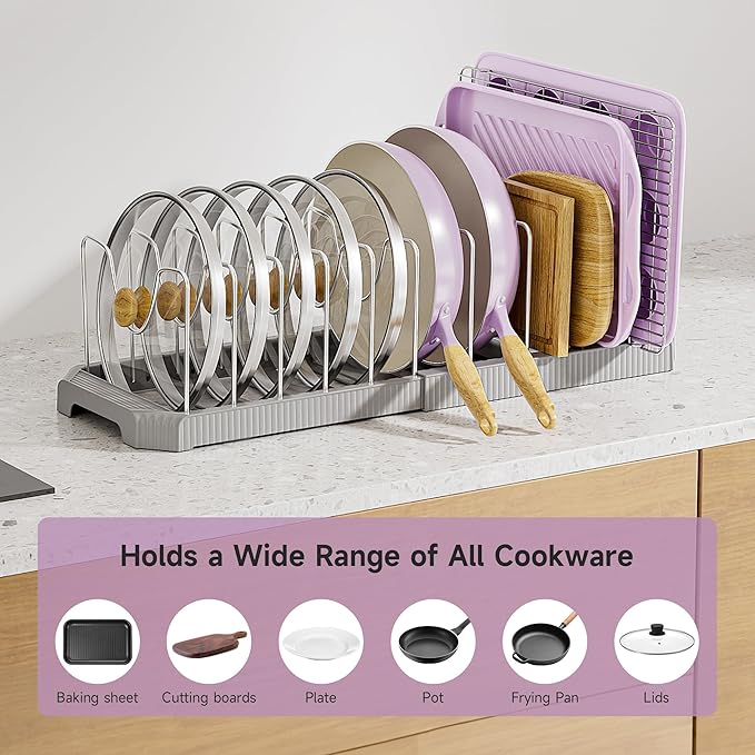 MUDEELA Pot Lid Organizer Rack for Cabinet, Expandable Pots and Pans Organizer under Cabinet with 12 Adjustable Dividers, Pan Organizers Holder inside Cabinet for Cutting Boards, Baking Sheets, Grey - Image 3