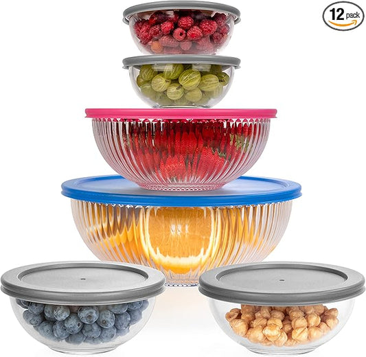 Set of 6 Stackable Space-Saving Nesting Glass Bowls with BPA Free Lids for Foodprep, Storage, Baking, Mixing & Cooking, Microwave Safe - Durable Inert Borosilicate Glass by Dokaworld