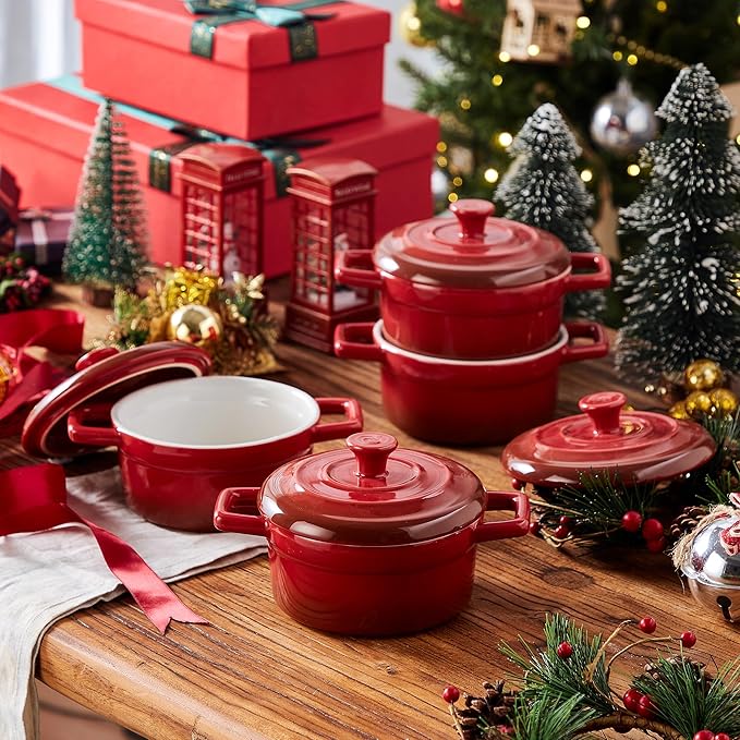 Lareina Mini Cocotte - 12oz Ceramic Casserole Dishes - Kitchen Casserole Sets With Handles And Lid - Small Baking Ramekins - Oven, Microwave & Dishwasher Safe - Set of 4 - Red - Image 2