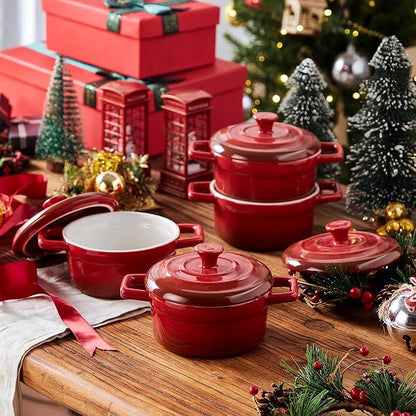 Lareina Mini Cocotte - 12oz Ceramic Casserole Dishes - Kitchen Casserole Sets With Handles And Lid - Small Baking Ramekins - Oven, Microwave & Dishwasher Safe - Set of 4 - Red - Image 2