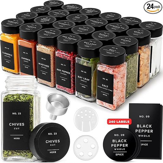 EDELHAUS® Square Spice Jars with Bamboo Wooden Lid (Pack of 24) Spice Jars with Shaker Insert and 240 Labels - Bamboo Lid Glass Container for Spice Organisation [4.3 in × 1.8 in] by EDELHAUS