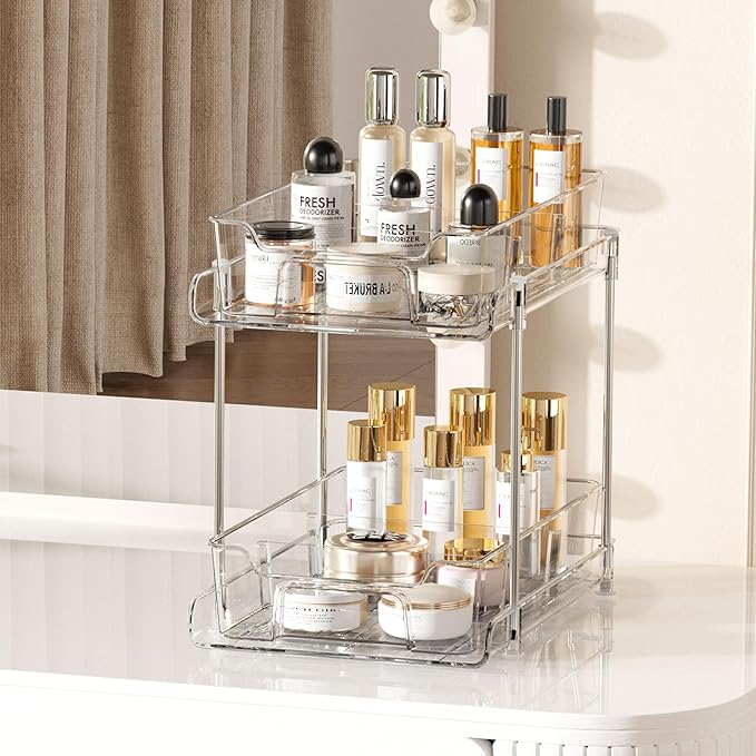 Vtopmart 4 Pack 2 Tier Bathroom Under Sink Organizers and Storage, Clear Kitchen Pantry Organization, Pull Out Medicine Cabinet Organizer with Movable Dividers - Image 6