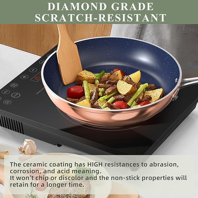 Nuwave Healthy Duralon Blue Ceramic Nonstick Cookware Set, Diamond Infused Scratch-Resistant, PFAS Free, Dishwasher & Oven Safe, Induction Ready & Evenly Heats,Tempered Glass Lids & Stay-Cool Handles - Image 3