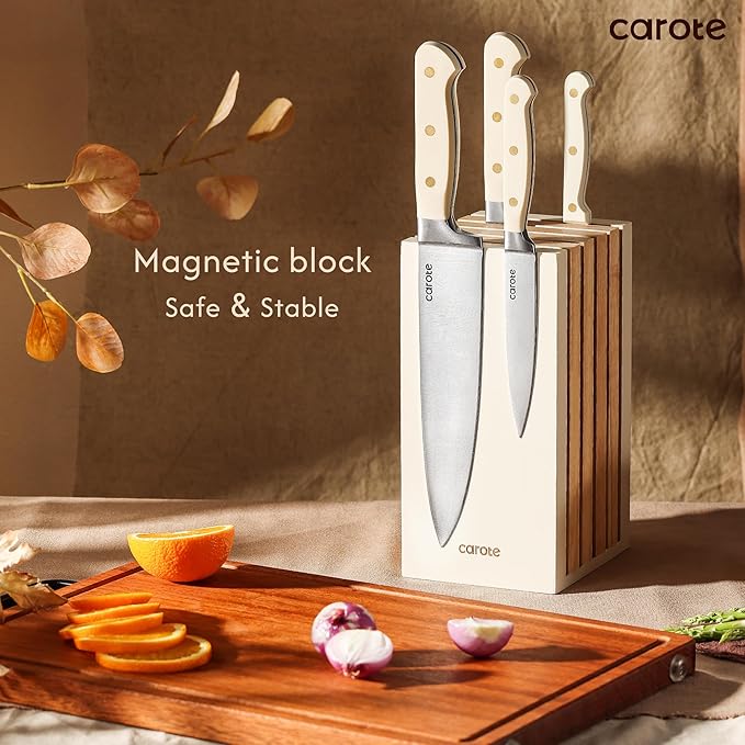 CAROTE 11 Pieces Knife Set with Block for kitchen, Stainless Steel Razor-Sharp Blade, Triple Riveted Ergonomic Handle, Wooden Magnetic Block, Essential Knife Block Set, Beige - Image 3