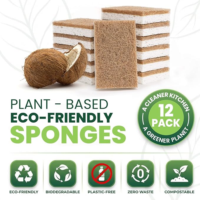 Metflavor 12 Pack Natural Kitchen Sponges, Biodegradable Non-Scratch Cellulose Sponge with Coconut Scrubber for Dishes, Compostable, Non Toxic Cleaning Sponges for Kitchen, Bathroom, Household