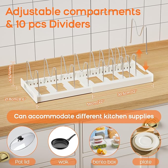Nigelia Pots and Pans Organizer for Under Cabinet 22" Expandable Food Storage Container Lid Organizers with 10 Adjustable Dividers Pot and Pan Lid Holders Rack Inside Cabinet&Kitchen Countertop(White)