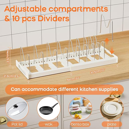 Nigelia Pots and Pans Organizer for Under Cabinet 22" Expandable Food Storage Container Lid Organizers with 10 Adjustable Dividers Pot and Pan Lid Holders Rack Inside Cabinet&Kitchen Countertop(White)