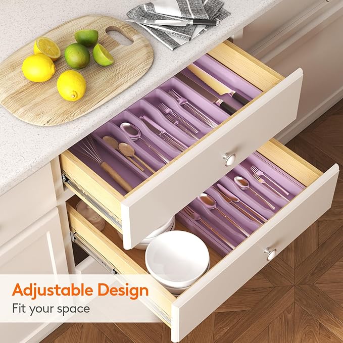 Lifewit Silverware Drawer Organizer, Expandable Utensil Tray for Kitchen, BPA Free Flatware and Cutlery Holder, Adjustable Plastic Storage for Spoons Forks Knives, 13-22 x 15", Purple - Image 8