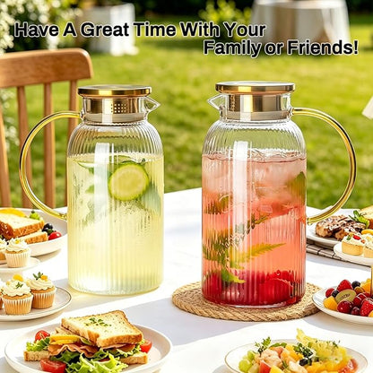 Buaic 2 PACK Glass Pitcher with Lid, 84oz/2.5L Liter Classic Vertical Stripes Water Pitcher,Glass Water Carafe for Cold Brew, Coffee, Lemonade, Iced Tea,Sun Tea, Beverage, Heat Resistant