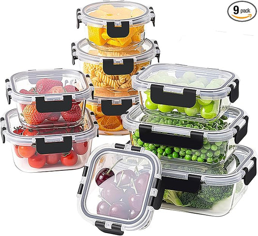 HOMBERKING 18 Piece Glass Food Storage Containers with Lids, Glass Meal Prep Containers, Airtight Lunch Bento Boxes, BPA-Free & Leak Proof, Oven, Freezer and Dishwasher Safe (9 lids & 9 Containers) by HOMBERKING