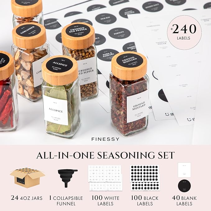 FINESSY Bamboo Glass Spice Jars with Labels and Shaker Lids Clear Empty 4oz 24 Pack Bottles Set, Glass Spice Containers with Labels, Seasoning Organizer Jars - Image 4