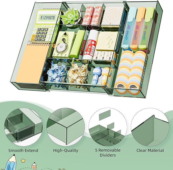 Marbrasse Expandable Desk Drawer Organizer, Clear Plastic Drawer Organizer Tray with 10 Adjustable Compartments, Desk Organizers and Accessories, 5 Drawer Dividers for Office Supplies(Clear Green) - Image 7
