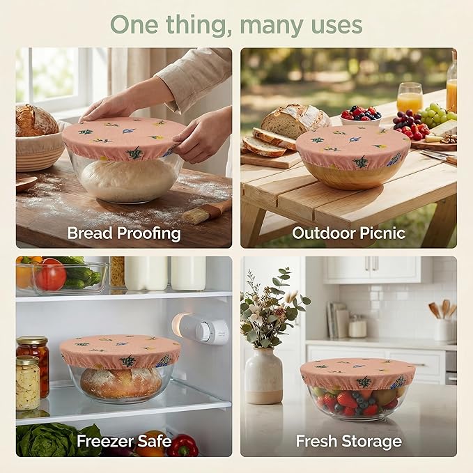 Reusable Bowl Covers (Set of 4) - Breathable Cotton Linen Sourdough Accessories - Elastic Durable Fabric Food Lids for Proofing Baskets & Bread Baking Supplies (Dusty Peach) - Image 3