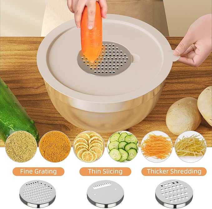 Fyrnova Mixing Bowls with Lids Set, 6 Piece Stainless Steel Nesting Storage Bowls for Kitchen, with 3 Grater Attachments & Non-Slip Bottoms, Size 5.5,3.5,2.5,2.1,1.5,1.1 QT - Image 4