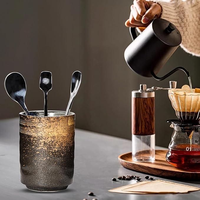 Ceramic Spoon Holder for Coffee Bar, Upright Tea Spoon Holder Cup, Coffee Stirrers Straws Stir Stick Holder, Holder for Spoons and Forks, Sunset Yellow - Image 3