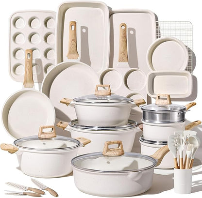 CAROTE 44pcs Pots and Pan Set Nonstick, Cookware Sets, Cooking Set Non Stick, Induction Cook Ware with Bakeware Set, Kitchen Knife Set by CAROTE