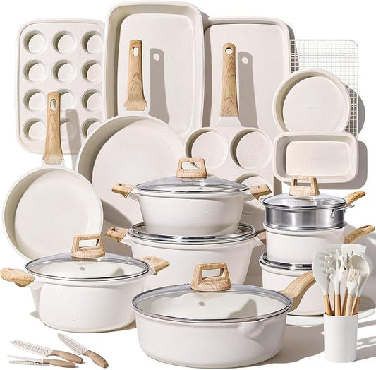 CAROTE 44pcs Pots and Pan Set Nonstick, Cookware Sets, Cooking Set Non Stick, Induction Cook Ware with Bakeware Set, Kitchen Knife Set by CAROTE