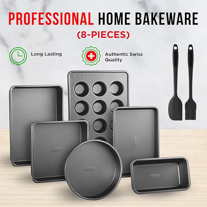 Bakeware Set – 8 Piece – Non-Stick Professional Home Bakeware – Multi Sized Baking Pan Set - Muffin Pan, Loaf Pan and More – Black - Image 3