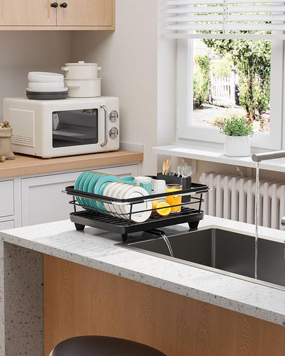 Sakugi Extendable Dish Drying Rack Over Sink with Dish Drainer, Sink Organization and Storage Essentials with Silverware & Utensil Holder, Home and Apartment Decor, 12" W x 16.1~23" L, Black - Image 7
