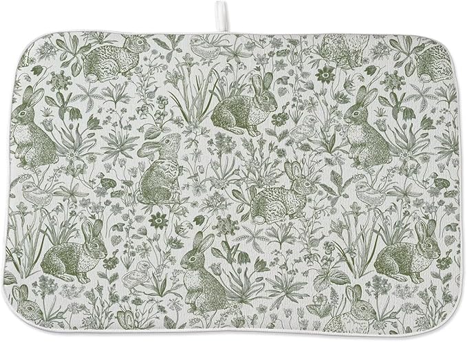 Spring Easter Dish Drying Mat 18 x 24 inch Green Rabbit Bunny Botanical Floral Decorative Drying Mats Microfiber Absorbent Seasonal Dish Washable Draining Mat for Kitchen Counter Decor