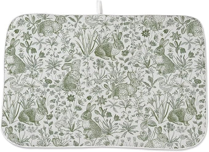 Spring Easter Dish Drying Mat 18 x 24 inch Green Rabbit Bunny Botanical Floral Decorative Drying Mats Microfiber Absorbent Seasonal Dish Washable Draining Mat for Kitchen Counter Decor