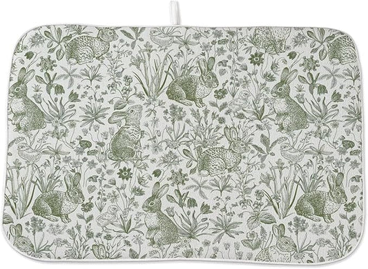 Spring Easter Dish Drying Mat 18 x 24 inch Green Rabbit Bunny Botanical Floral Decorative Drying Mats Microfiber Absorbent Seasonal Dish Washable Draining Mat for Kitchen Counter Decor