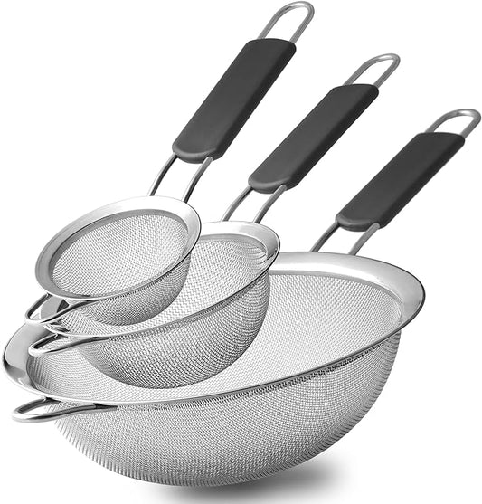 Stainless Steel Fine Mesh Strainers, Set of 3 Sizes Strainer for Kitchen, Wire Sieve with Insulated Handle Kitchen Strainer, Baking Tools Colander, Food Preparation, Flour Sifter, Rice, Pasta Strainer by Fancymay