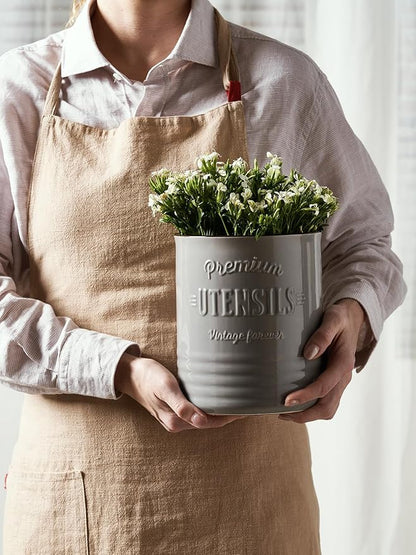 DOWAN 7.2″ Extra Large Kitchen Utensil Holder - Farmhouse Utensil Holder for Countertop - Ceramic Utensil Crock with Protection Cork Mat - Kitchen Decor & Housewarming Gift (Grey) - Image 6