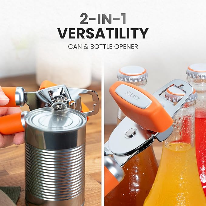 Zulay Kitchen Heavy Duty Stainless Steel Can Opener Manual with Bottle Opener - Rust Proof Manual Can Opener With Turn Knob & Comfy Soft Grip Handles - Orange - Image 7