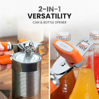 Zulay Kitchen Heavy Duty Stainless Steel Can Opener Manual with Bottle Opener - Rust Proof Manual Can Opener With Turn Knob & Comfy Soft Grip Handles - Orange - Image 7