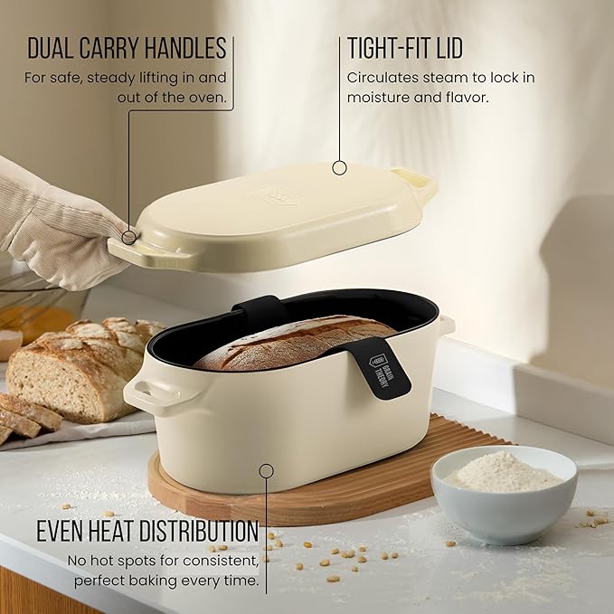 Kook Dutch Oven, For Sourdough Baking, Dual Handles, Enameled Cast Iron, includes Silicone Mat and Sourdough Guide, Dishwasher Safe, Oven safe 500F, 5 Qt, (Ivory) - Image 3