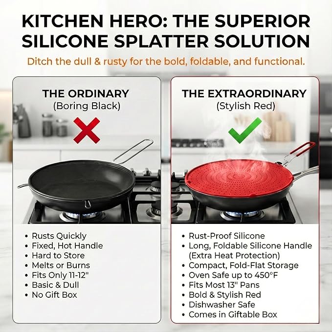 Silicone Splatter Screen for Frying Pan, 13” Red – Grease & Oil Splatter Guard, Heat Resistant, Dishwasher Safe, Foldable Handle with Sleeves – Splash Guard Fits 10–12” Pans, Most 13” Skillets - Image 5