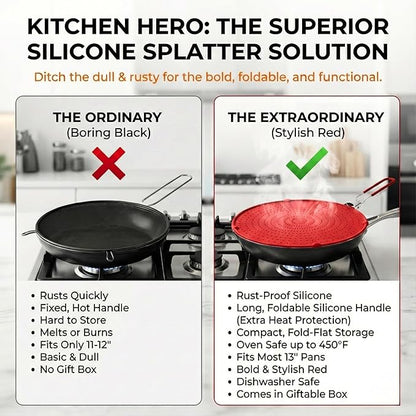 Silicone Splatter Screen for Frying Pan, 13” Red – Grease & Oil Splatter Guard, Heat Resistant, Dishwasher Safe, Foldable Handle with Sleeves – Splash Guard Fits 10–12” Pans, Most 13” Skillets - Image 5