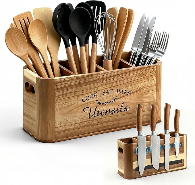 Acacia Wood Utensil Holder for Kitchen Countertop, Extra Large Wooden Utensil Organizer with Magnetic Knife Strip, 4 Compartment Farmhouse Kitchen Tool Caddy and Silverware Storage