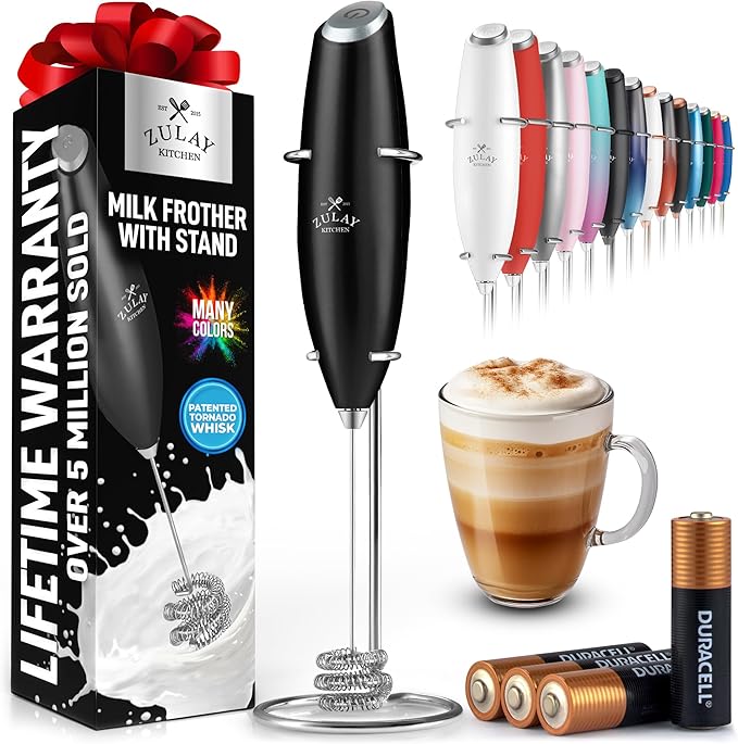 Zulay Kitchen Patented Tornado Triple Whisk Milk Frother with 4 Duracell Batteries – Handheld Foam Maker for Coffee, Lattes, Matcha & Hot Chocolate – Rich, Creamy Froth in Seconds - Obsidian Black by ZulayKitchen