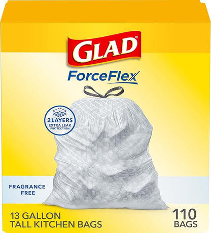Glad ForceFlex Tall Kitchen Drawstring Trash Bags, 13 Gal, Fragrance Free, 110 Ct (Package May Vary) by GladTrashFoodStorage