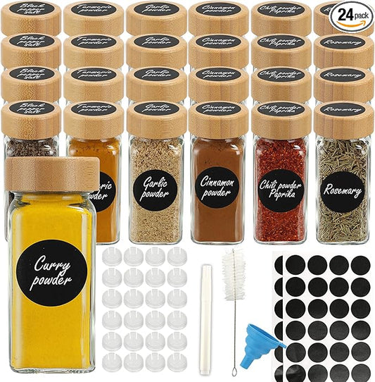 24Pcs Glass Spice Jars with Labels, 4oz Spice Containers with Bamboo Lids, Square Seasoning Containers Trial and Supplement Set for Spice Rack, Drawer, Cabinet
