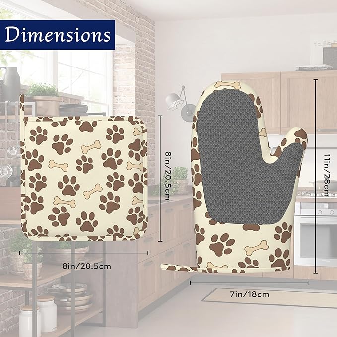 Dog Bone Paw Print Pot Holders and Oven Mitts Set Silicone Cute Animal Paws Kitchen Gloves Potholders Heat Resistant Washable,Chef Cooking Baking Gifts for Women Men Bakers Lover Cooks