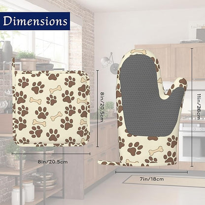 Dog Bone Paw Print Pot Holders and Oven Mitts Set Silicone Cute Animal Paws Kitchen Gloves Potholders Heat Resistant Washable,Chef Cooking Baking Gifts for Women Men Bakers Lover Cooks