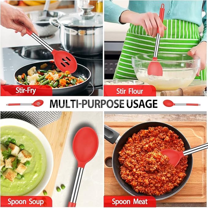 Pack of 4 Large Silicone Cooking Spatulas and Spoons, Slotted and Solid Stainless Steel Cooking Utensils Set, Non-stick Heat Resistant Kitchen for Baking, Fried, Stir-Fry, Mixing, Serving (Red) - Image 5