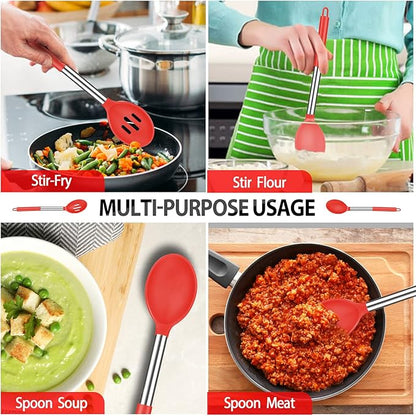 Pack of 4 Large Silicone Cooking Spatulas and Spoons, Slotted and Solid Stainless Steel Cooking Utensils Set, Non-stick Heat Resistant Kitchen for Baking, Fried, Stir-Fry, Mixing, Serving (Red) - Image 5