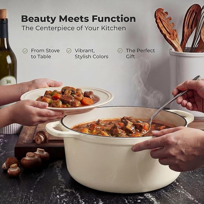 Zulay Kitchen 7.7 Quart Enameled Cast Iron Dutch Oven Pot with Lid – Premium Durability & Oven Safe up to 500°F – Heavy Duty Cookware Perfect for Bread Baking, Stews, Braising & Roasting – Ivory - Image 7
