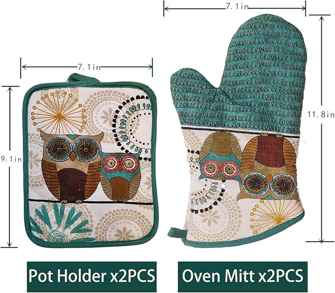 Oven Mitts and Pot Holders Sets, Funny Owl Kitchen Oven Mitts Heat Resistant 500 Degrees, Pure Cotton Hot Pads and Oven Mitts Sets for Baking,Cooking,BBQ Grilling-(Owl, 4Pcs)