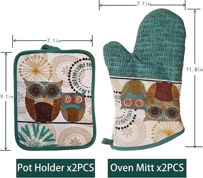 Oven Mitts and Pot Holders Sets, Funny Owl Kitchen Oven Mitts Heat Resistant 500 Degrees, Pure Cotton Hot Pads and Oven Mitts Sets for Baking,Cooking,BBQ Grilling-(Owl, 4Pcs)