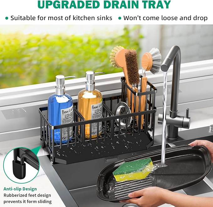 TomCare Extra Large 11'' Sink Caddy With Drain Tray Non-slip Kitchen Sink Organizer With 2 Adjustable Dividers High Brush Holder Rustproof Sponge Holder Kitchen Storage Accessories for Counter - Image 2