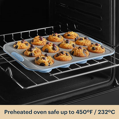 Pyrex 3-Piece Metal Cookie & Muffin Sheet Bakeware Set, Lightweight Stainless Steel Baking Trays with Heatsafe Silicone Handles, Cookie Muffin Sheet Baking Pan, Cerulean