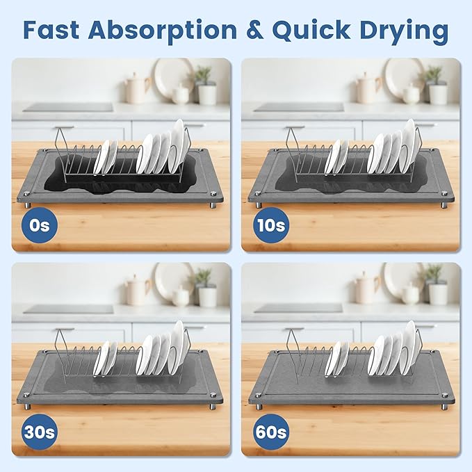 Zinovo 5pcs Stone Dish Drying Mats for Kitchen Counter,Quick Dry Water-Absorbent Diatomaceous Stone,Heat Resistant,Non-slip Bracket, Faucet Mat For Bathroom /Sink/Washbasin,For Cups /Bottles,Gray